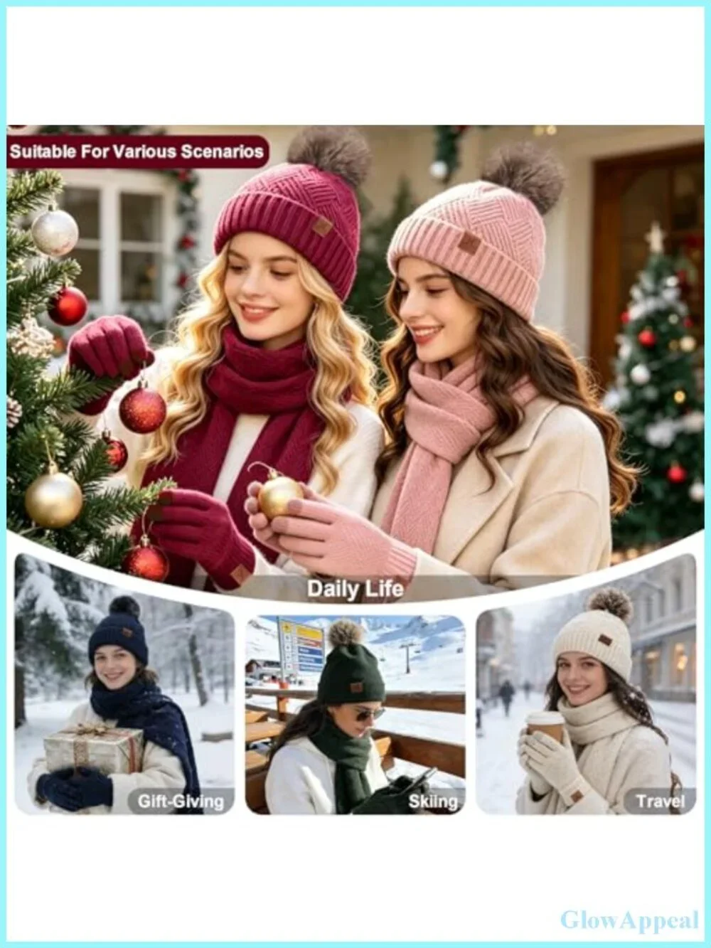Women's Winter Beanie Hat Scarf Touchscreen Gloves 3-in-1 Knit Set